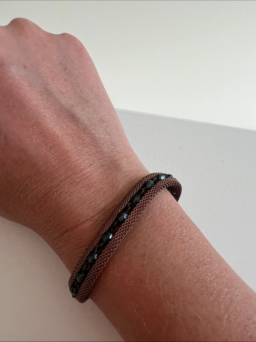 Brown Mesh Bracelet with Black Beaded Accent | Minimalist Boho